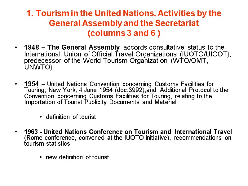 1. Tourism in the United Nations. Activities by the General Assembly and the Secretariat